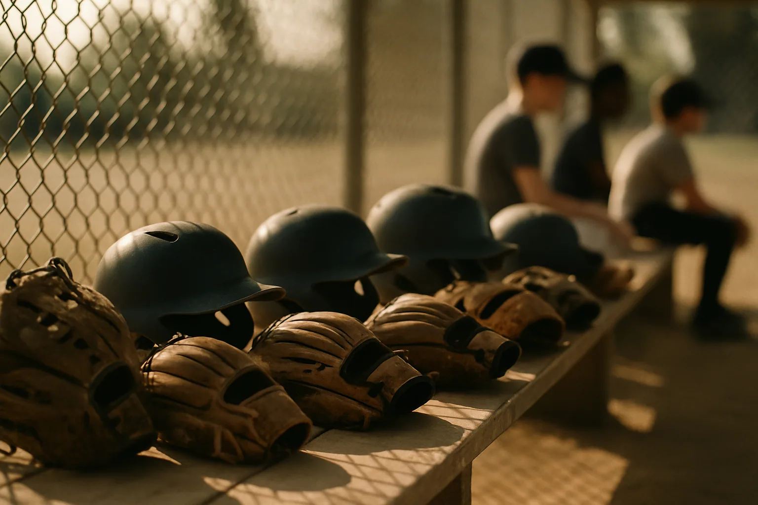 Softball gear packed along a dugout bench.