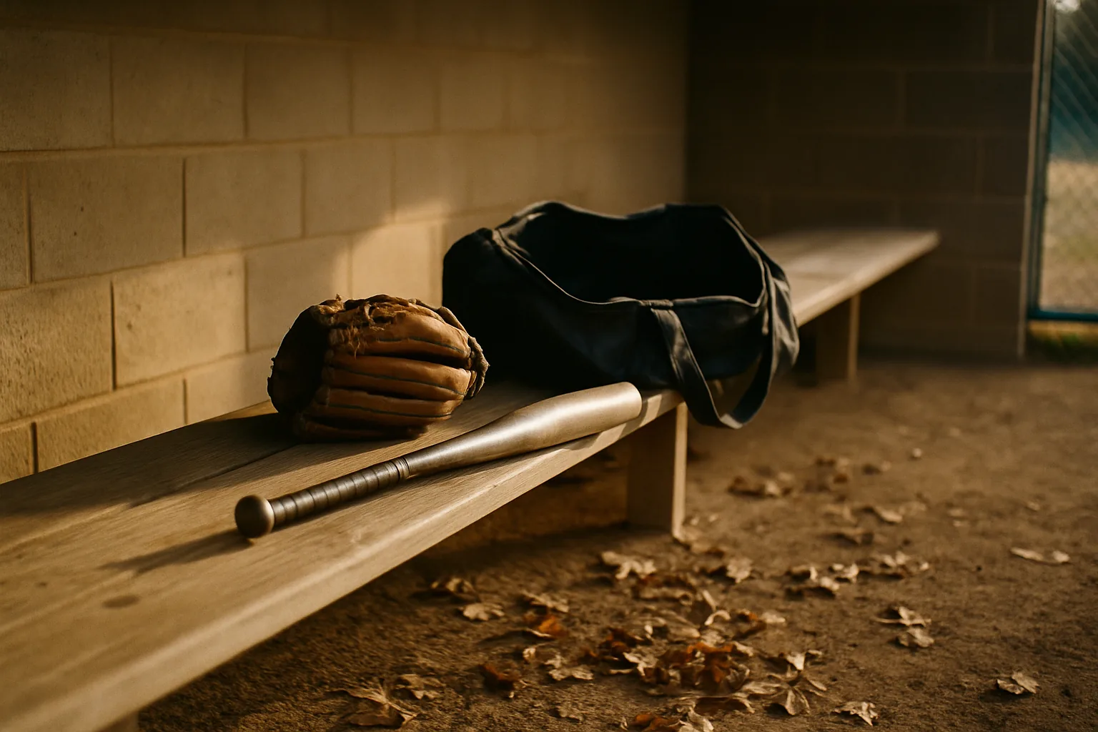 A softball glove, bat, and gear bag resting on a dugout bench with fallen autumn leaves nearby.