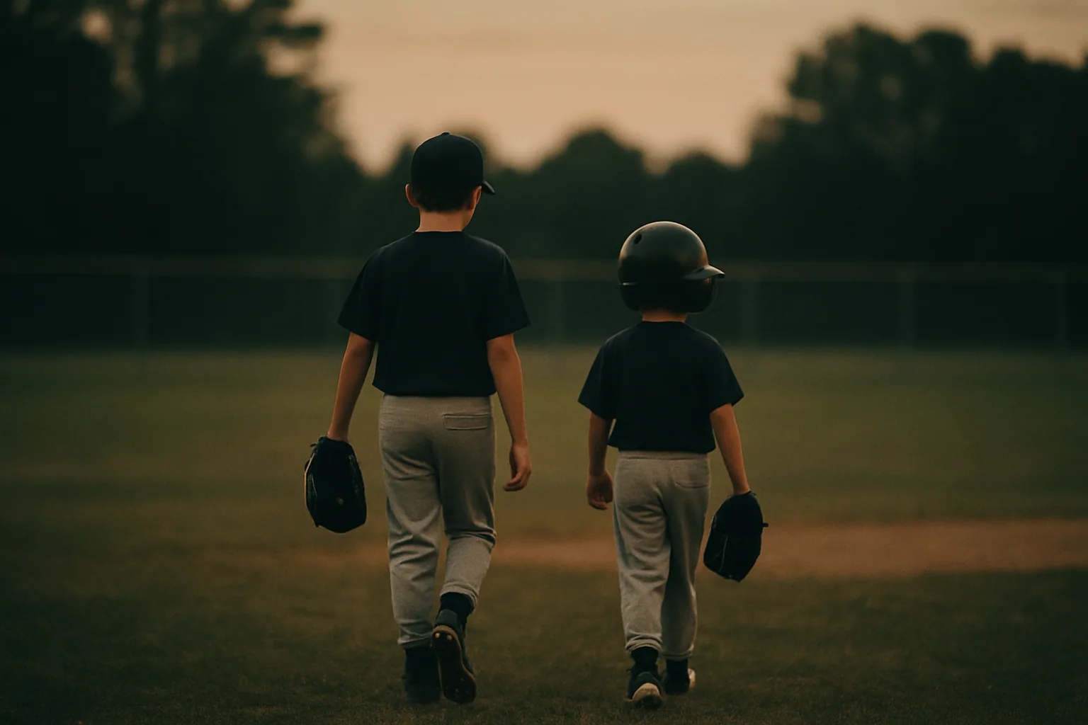 Two small figures walk in from the outfield at dusk, seen from behind at long distance with a fence line and trees beyond.