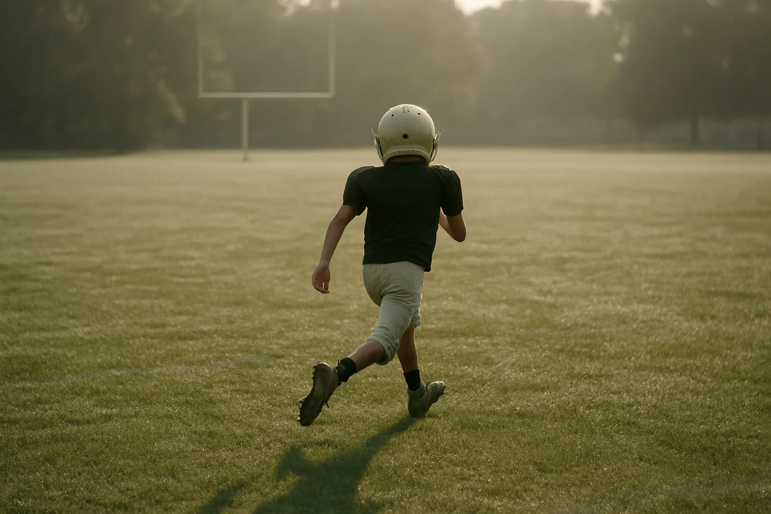 A helmeted youth football player seen from behind running alone across an empty field in early morning light, goalpost and trees blurred ahead.