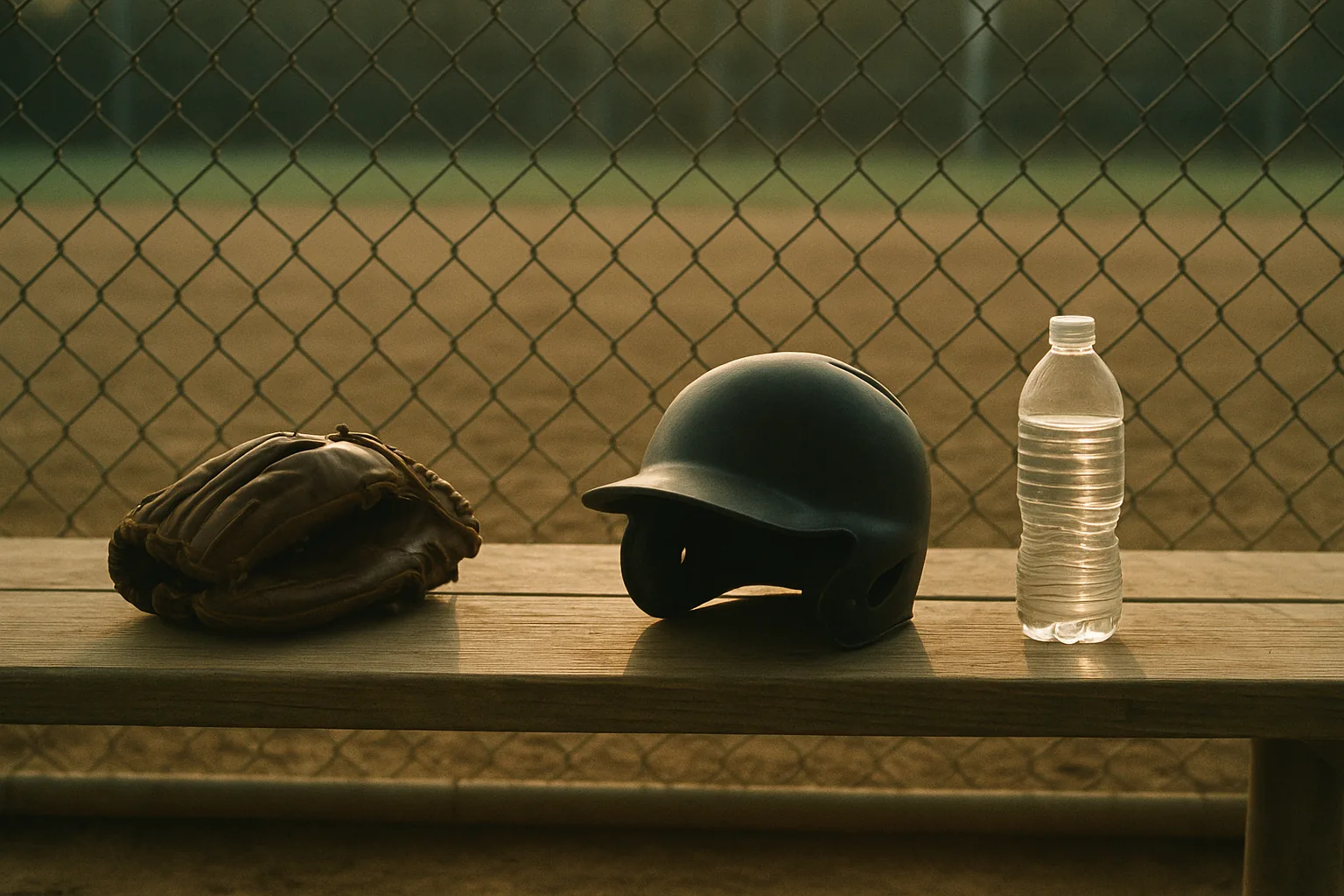 A worn leather glove, a matte batting helmet, and a plastic water bottle lined up on a dugout bench, the infield soft behind a chain-link fence.