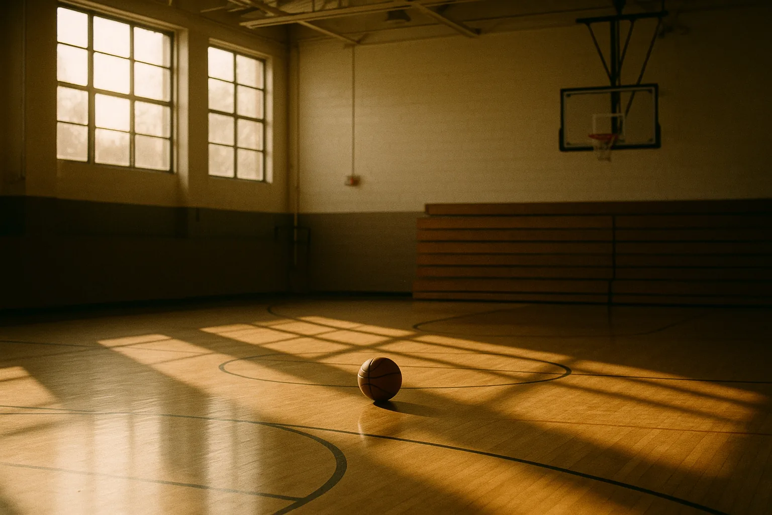 A single basketball resting near the center circle of an empty gym, late sun through high windows striping the wood floor.