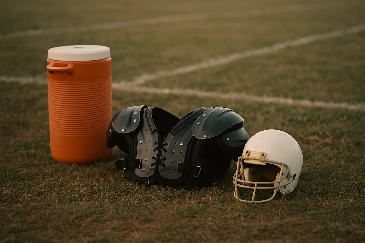 Shoulder pads, a plain white helmet, and an orange water cooler sitting on a marked grass practice field in fading light.