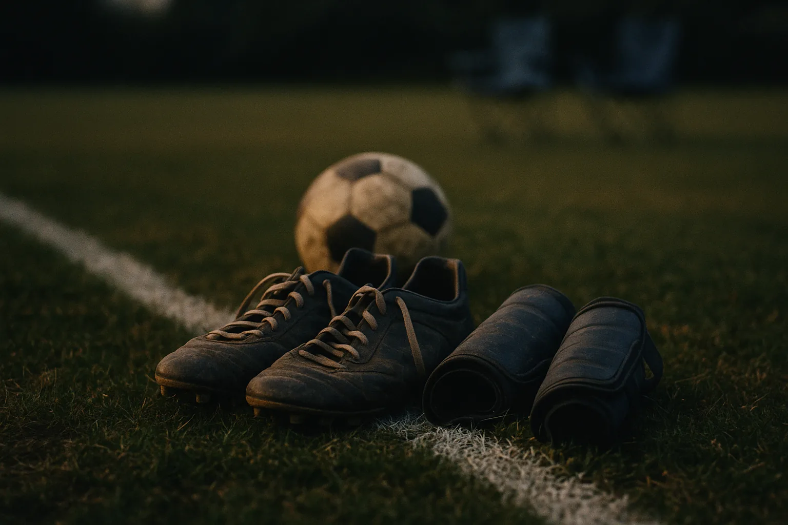 Worn molded cleats and a rolled pair of shin guards on the white touchline of a grass field at dusk, a scuffed ball just behind them.