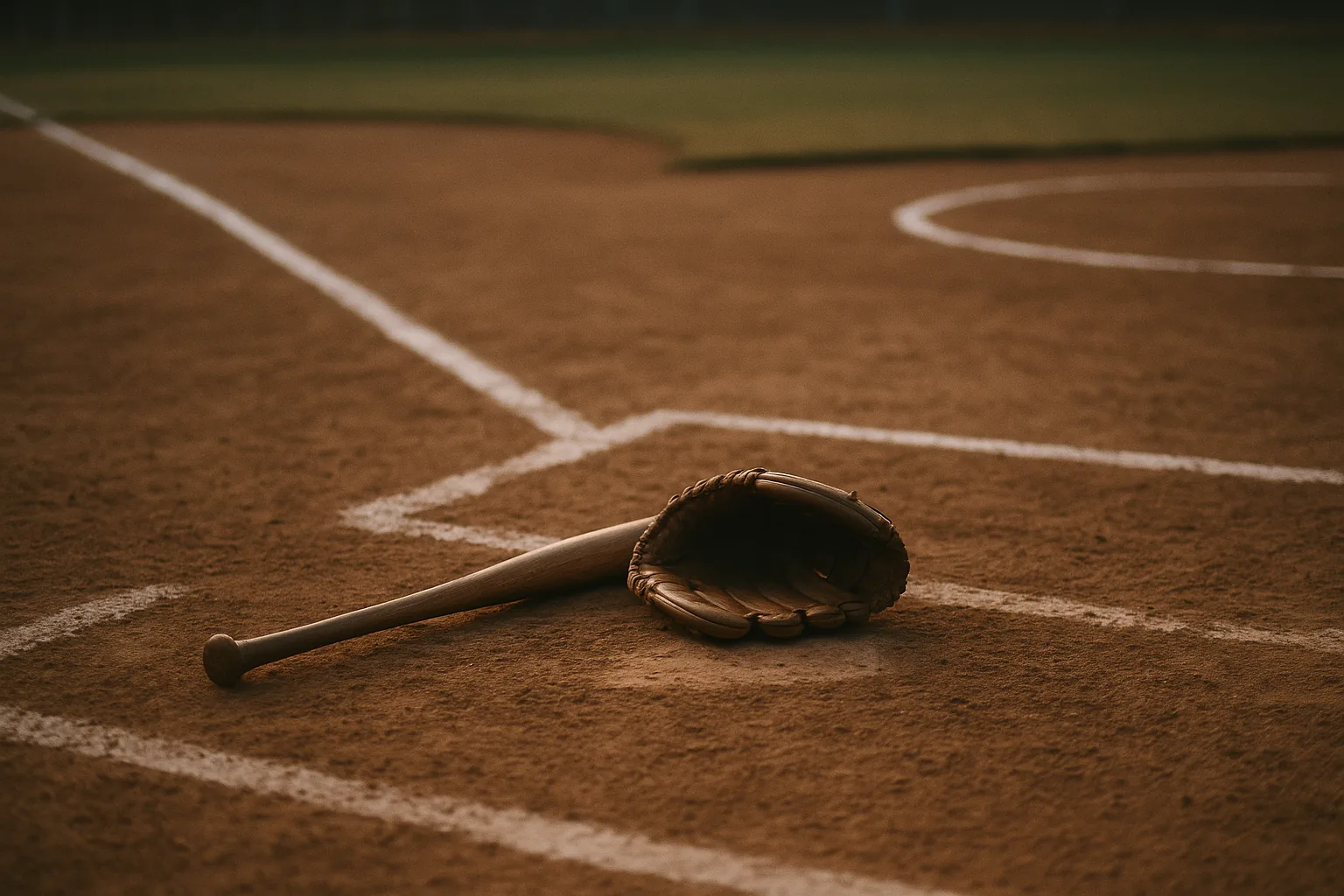 A wooden bat and a broken-in glove lying together in the dirt at the center of a freshly chalked softball infield in evening light.