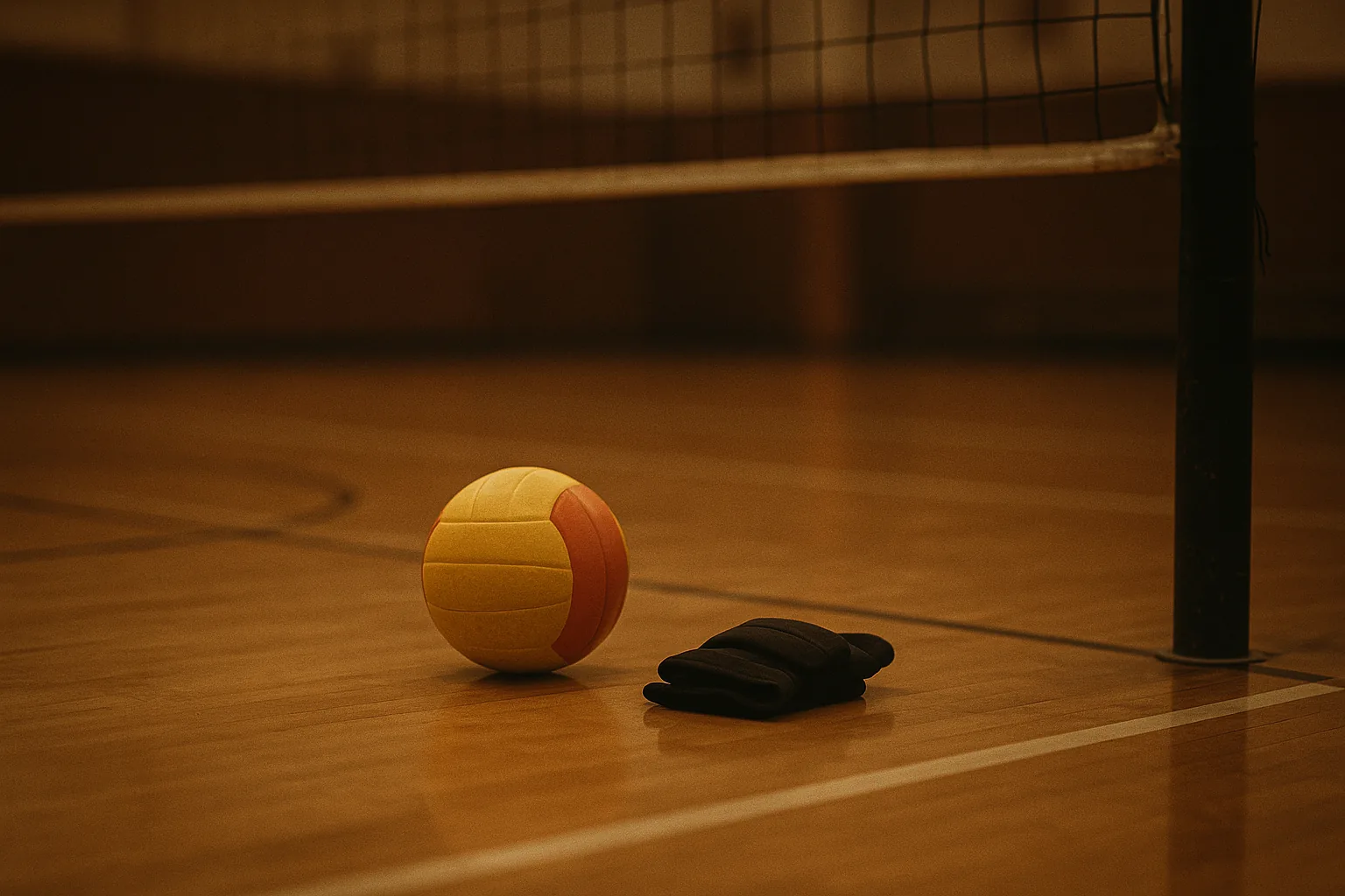A volleyball and a folded pair of knee pads on a polished gym floor beside the net post, warm low light.