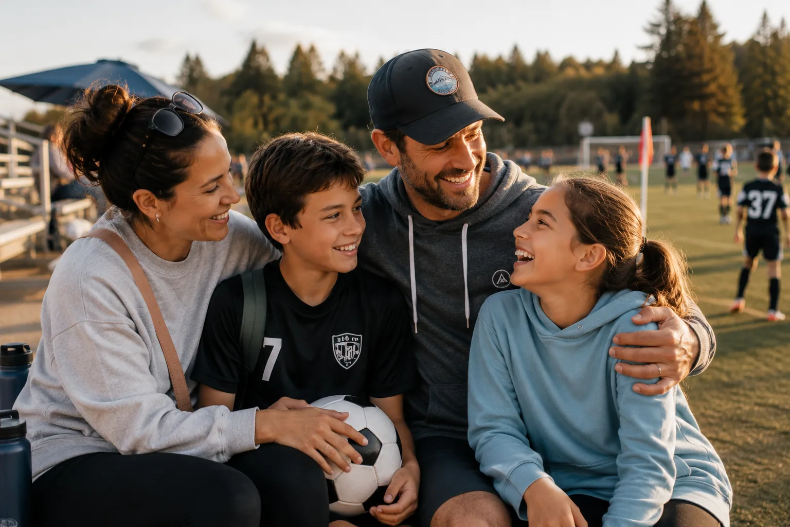 A family of four sitting close together on the sideline at a youth game, smiling.
