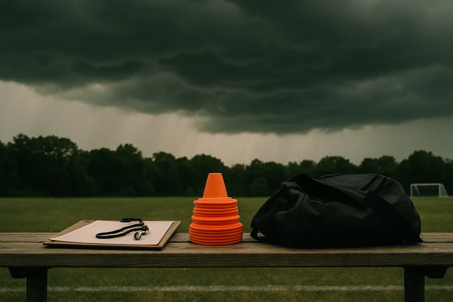 A coach's whistle, a blank clipboard, stacked orange cones, and a duffel bag sit on an empty bench as dark storm clouds build over a practice field.