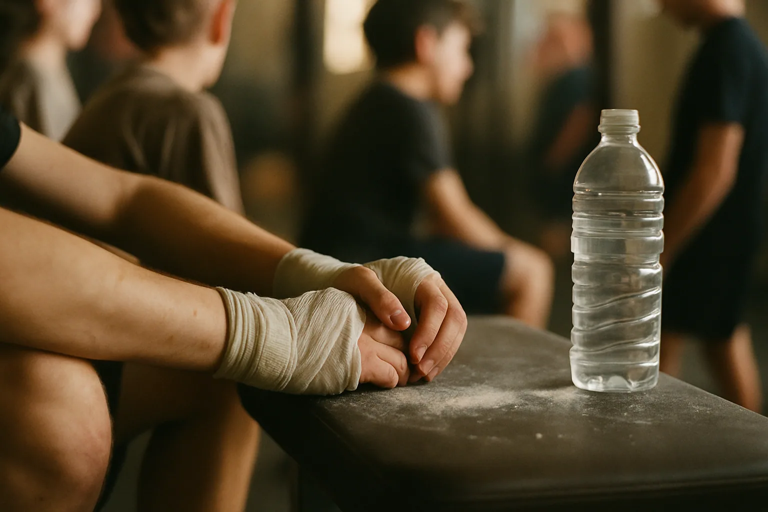 Wrapped wrists and hands rest on a gym bench, cropped at the forearm, chalk dust and a water bottle beside them.