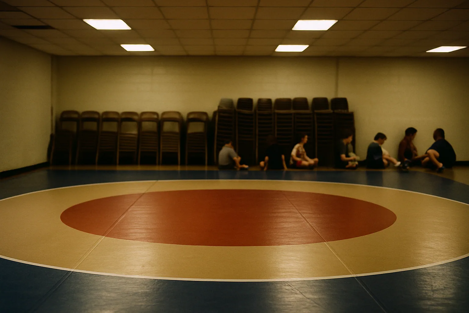 A competition mat lies laid out in an empty gym with folding chairs stacked at the edge under overhead lights.