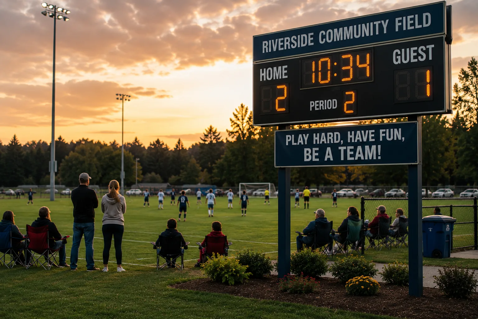 A community field scoreboard at sunset, parents watching from camping chairs along the sideline.