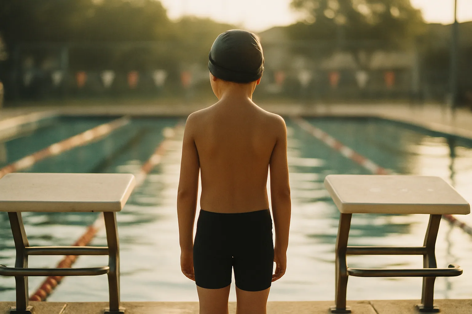 Starting blocks stand at the end of a pool shot from behind, one swimmer on the deck beyond seen only from the back in morning light.