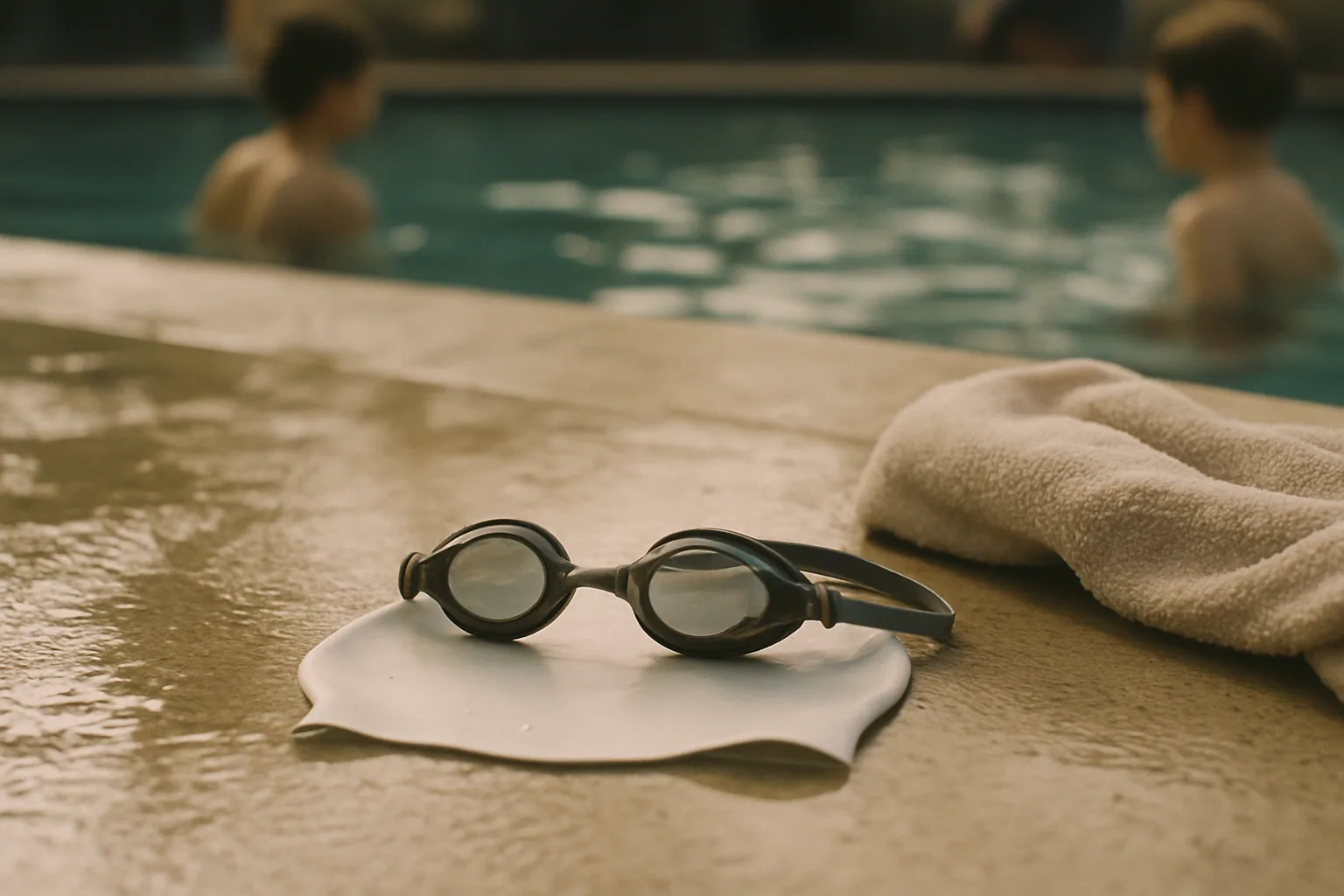 Swim goggles and a cap on the pool deck.