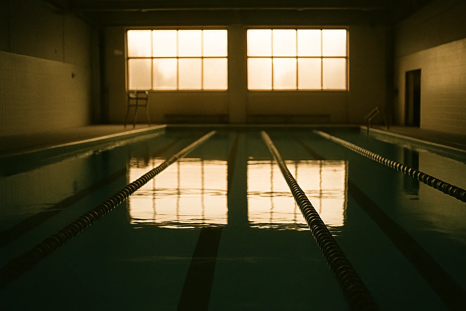 An empty swimming pool sits at early morning with lane lines strung across still water, natatorium windows glowing behind.