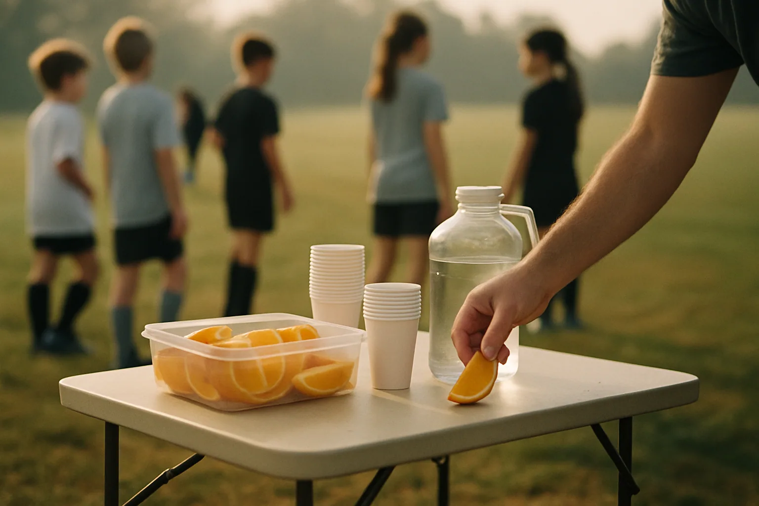 A folding table at a field's edge holds orange slices, paper cups, and a water jug in morning light, an adult forearm setting something down.