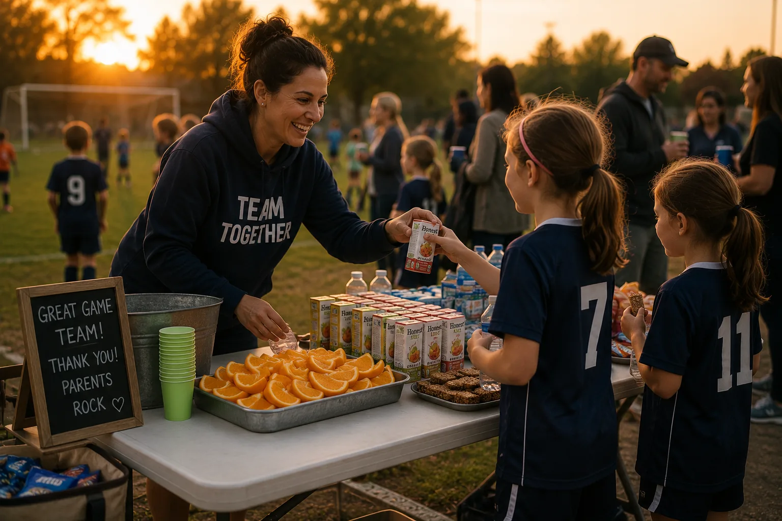 A folding table at the side of a youth sports field set with juice boxes, granola bars, sliced oranges, and a printed snack rotation list.