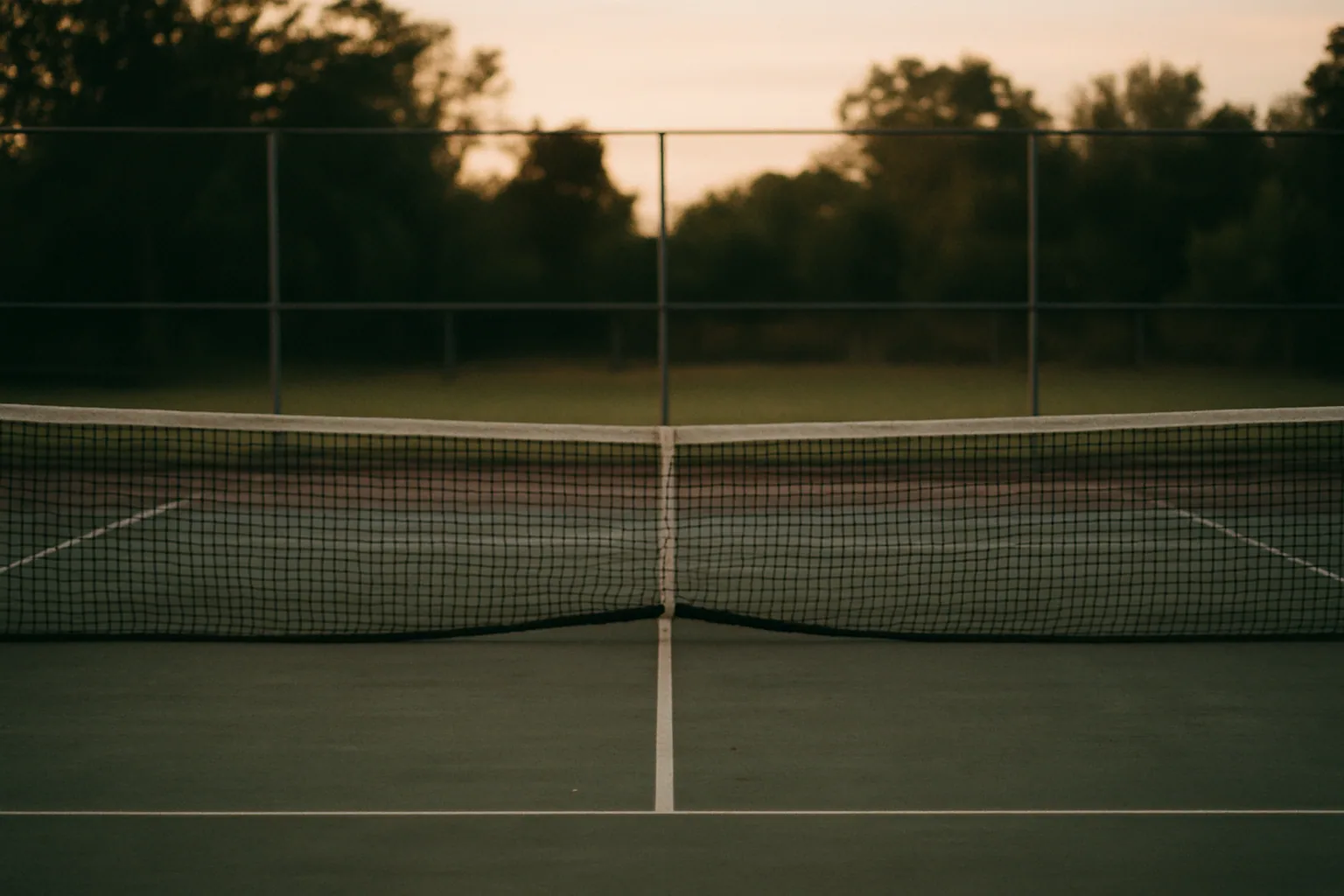 An empty tennis court at dusk is photographed from behind the baseline, the net sagging slightly with a fence beyond.
