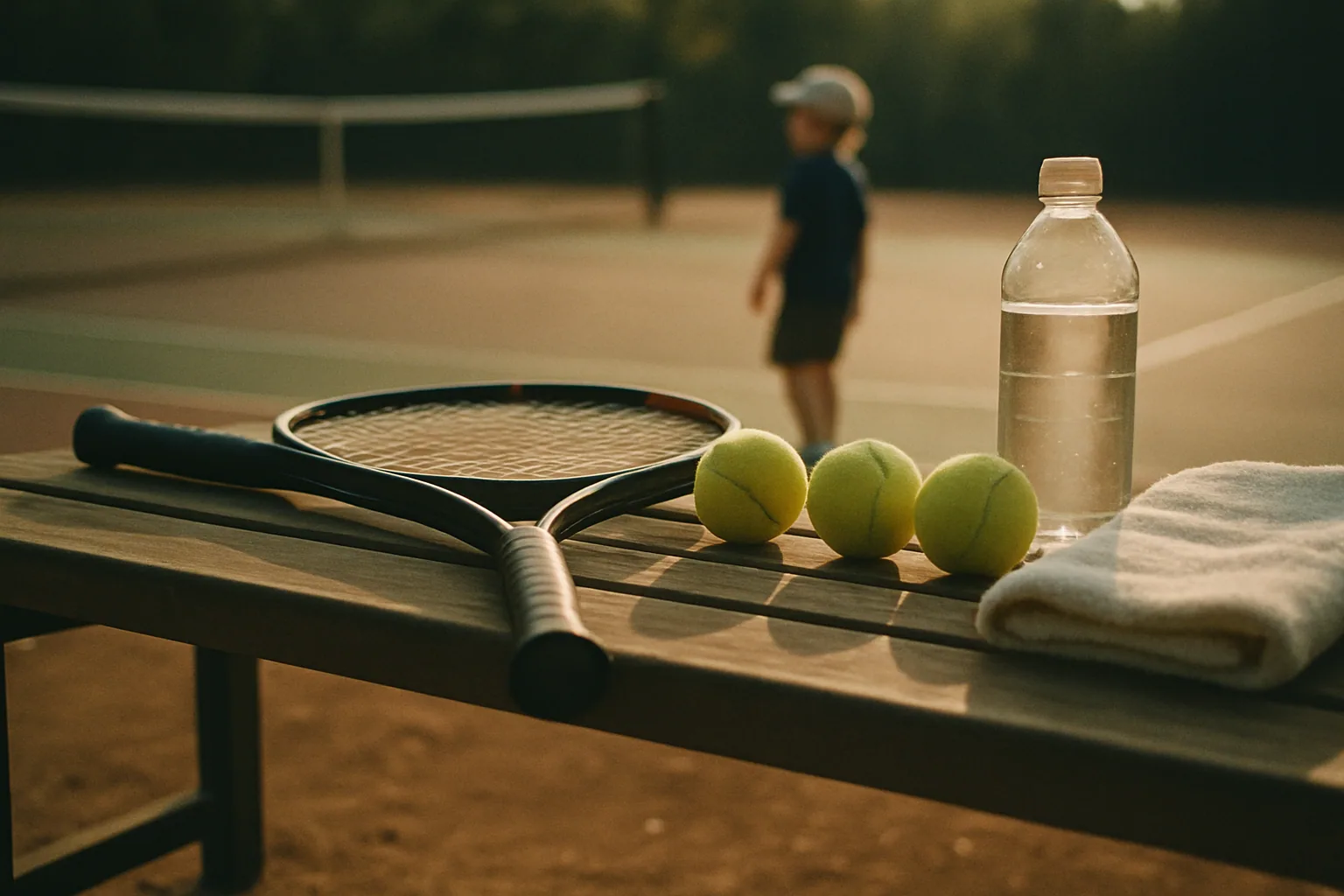 A racket and three plain tennis balls sit on a courtside bench beside a towel and water bottle in afternoon light.