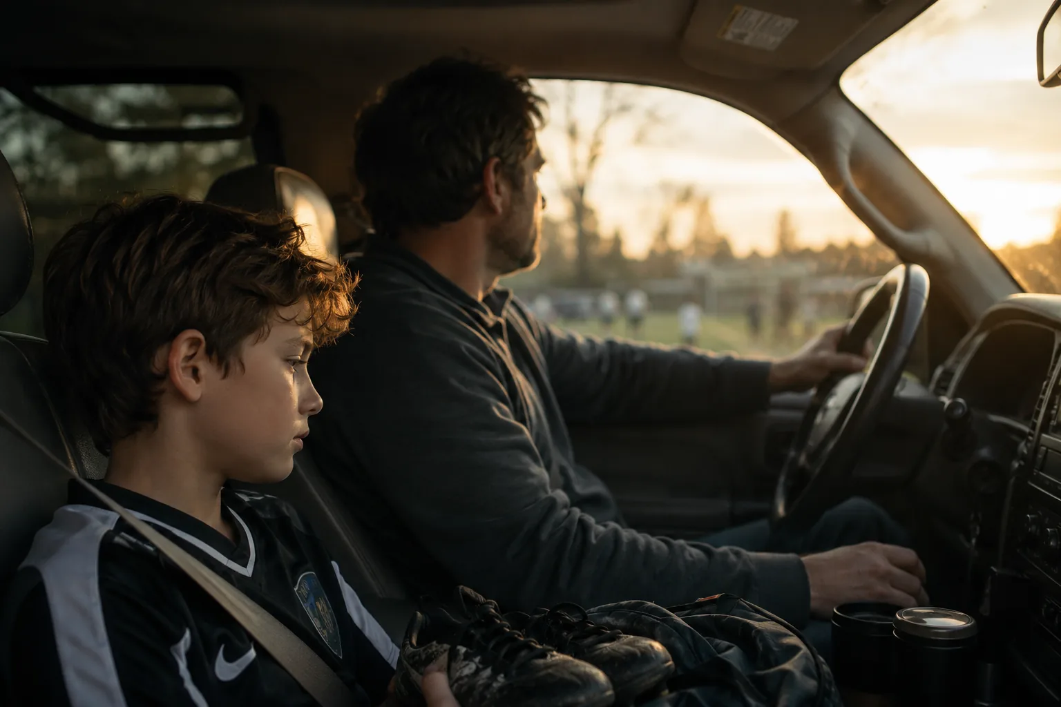 A dad driving with his young son in the passenger seat, soccer cleats in the foreground, sunset out the windshield.