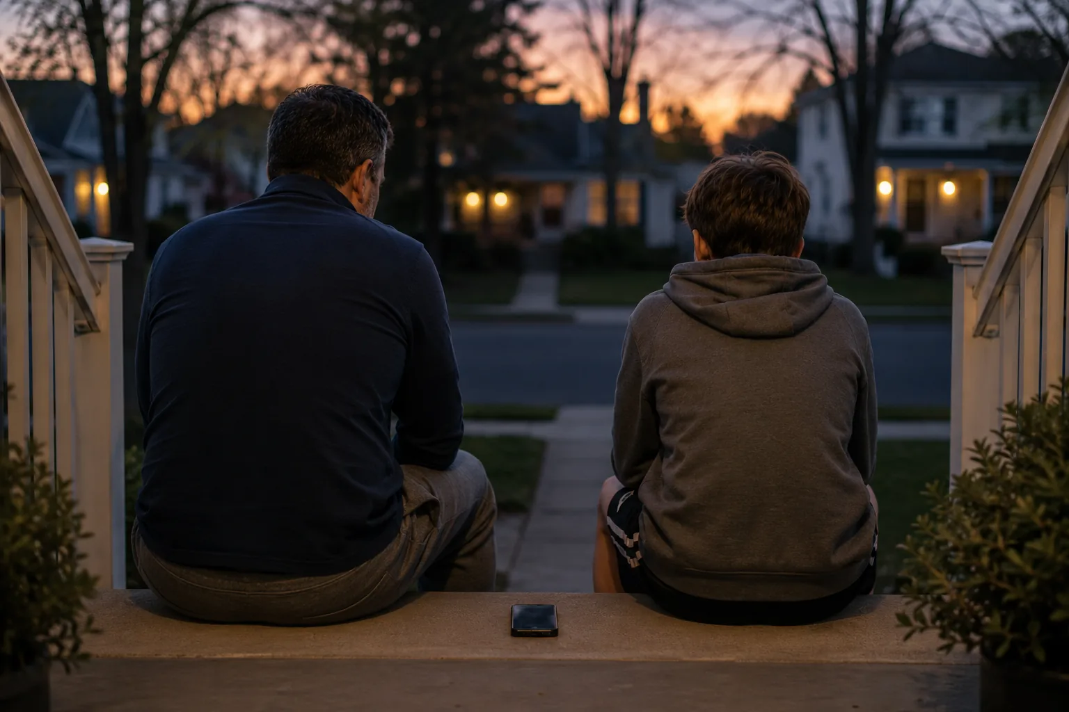 A teenager sitting on a porch step at dusk, head down, baseball glove on the boards beside them. A parent visible just inside the front door, not approaching.