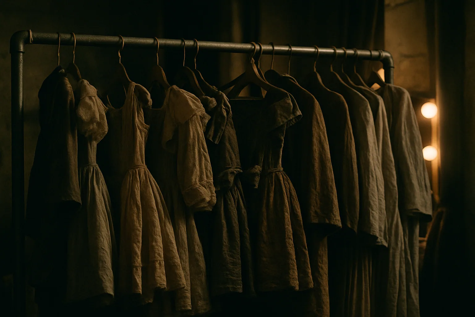 A rack of costumes stands backstage in dim light, the fabric layered and worn with a mirror bulb glowing beyond.