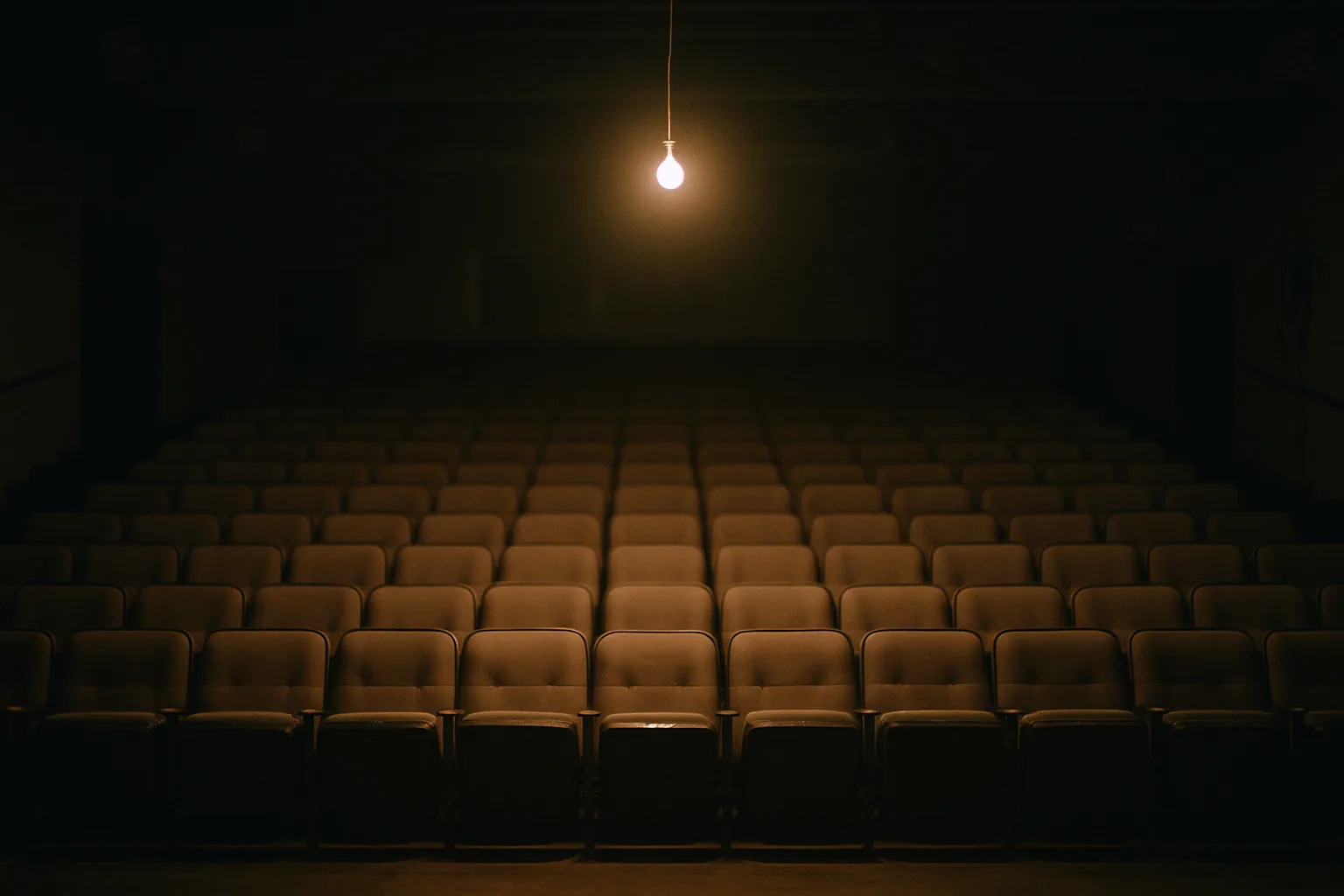 An empty theater house is seen from the stage under a single bare work light, rows of seats fading into the dark.