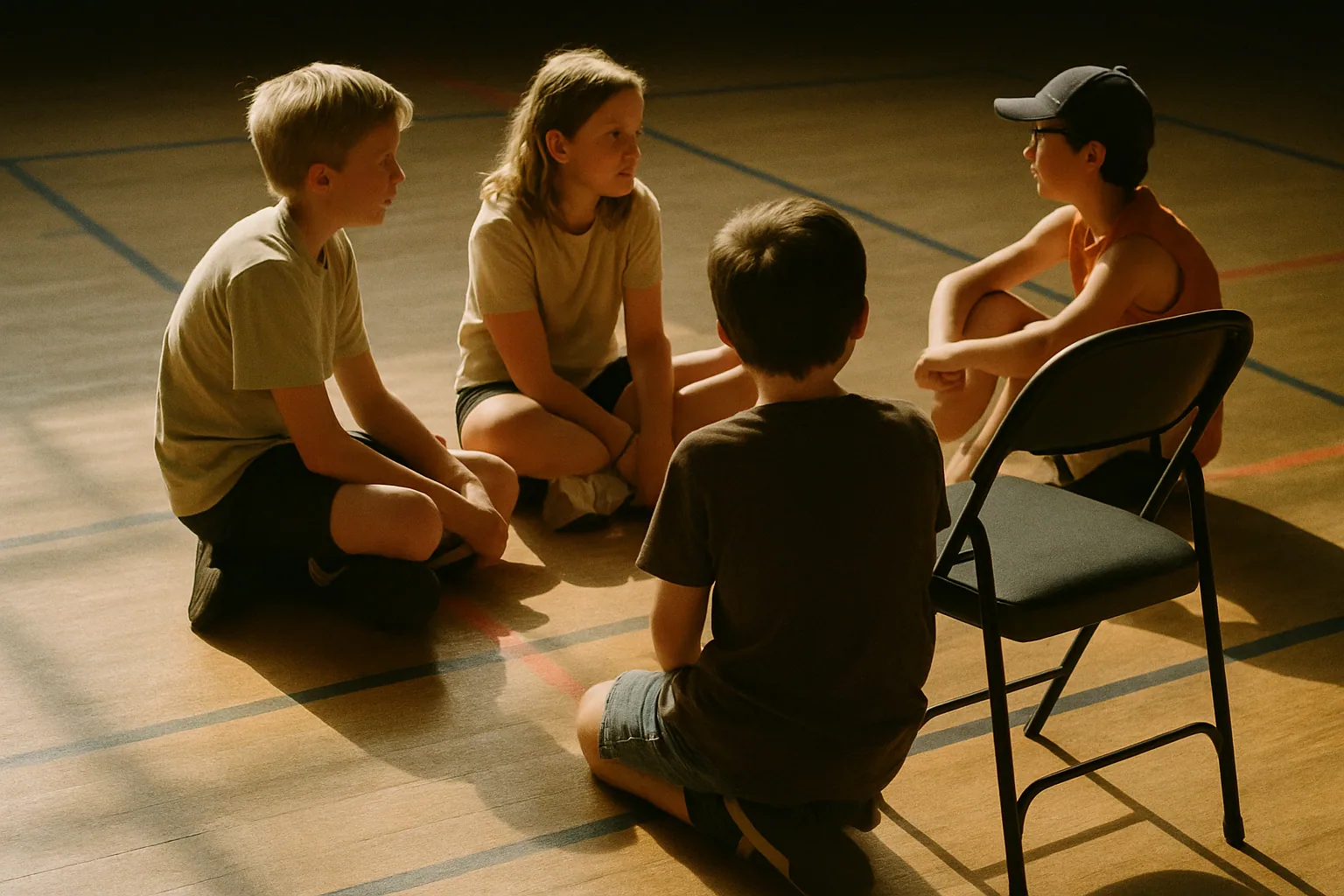 Colored spike tape marks a black stage floor under raking light, a folding chair sitting at the edge.