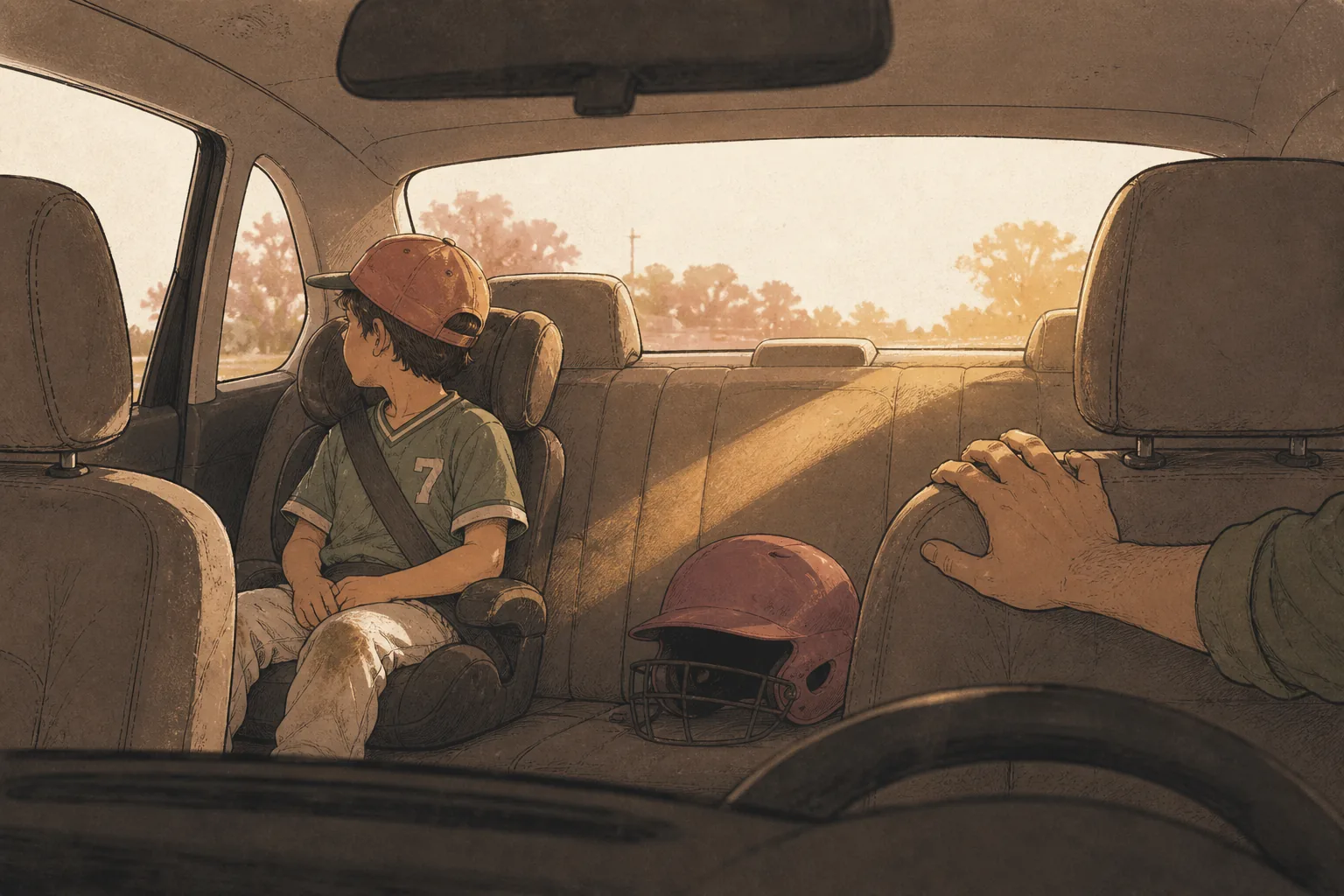 A child in a car after a tee-ball game, seen from the dashboard view. Baseball helmet on the seat, parent's hand visible on passenger seat rest.