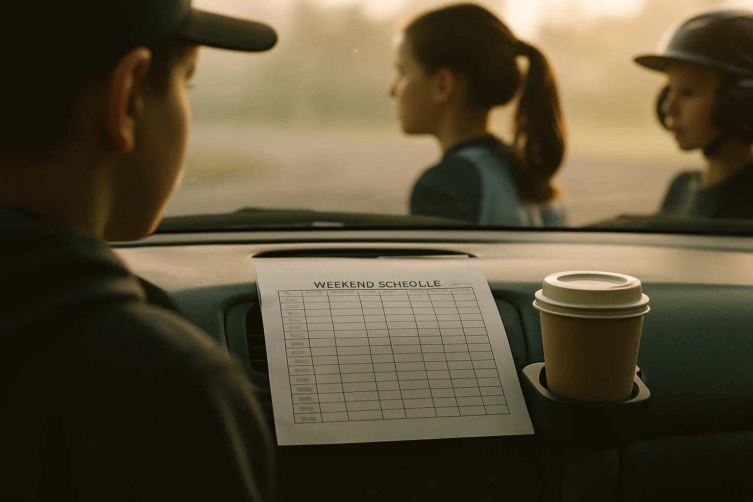 A printed weekend schedule grid lies on a car dashboard with a coffee cup in the holder, text soft and unreadable in early light.