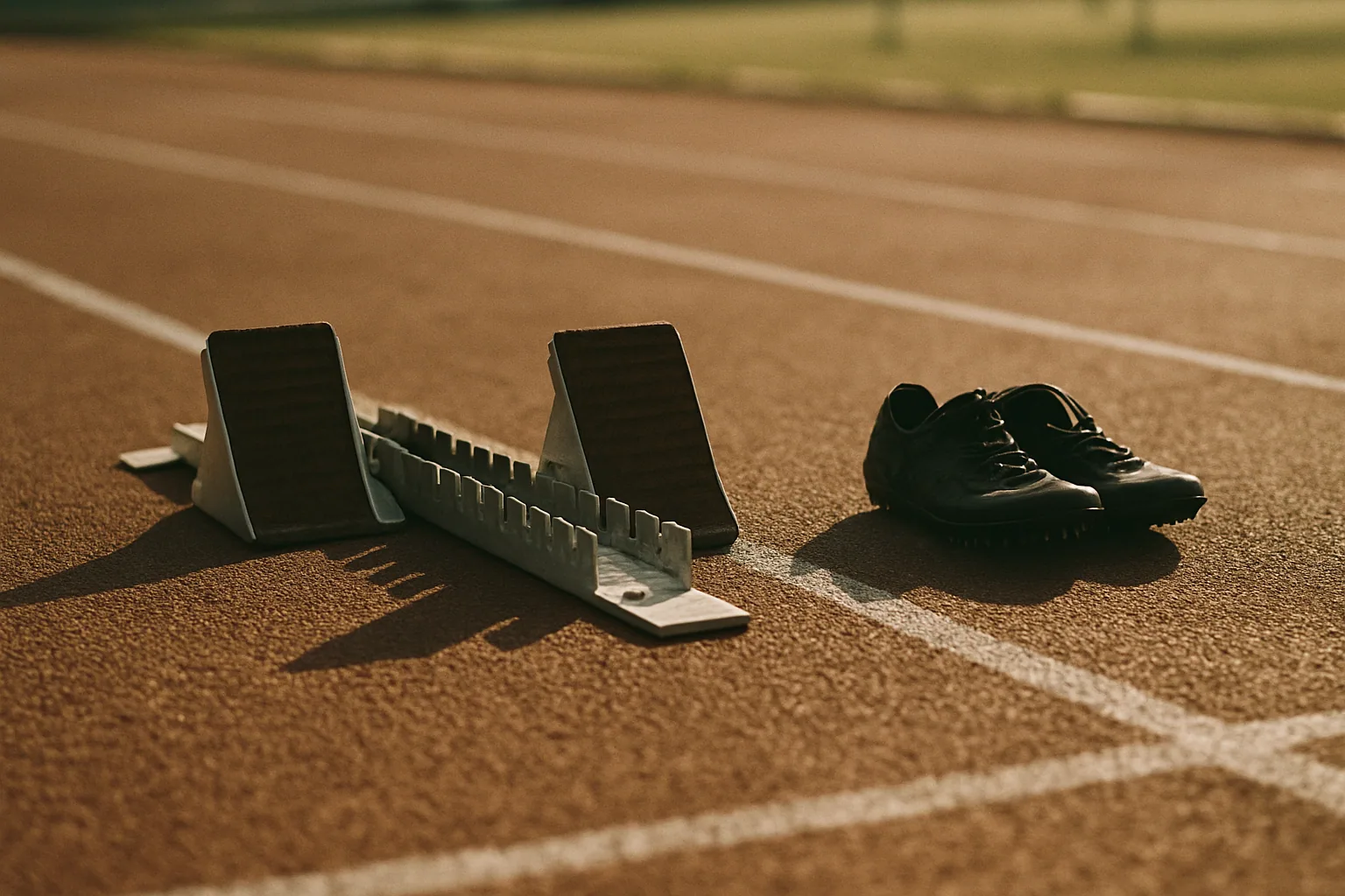 Starting blocks sit set in a lane with a pair of spikes beside them, hard morning shadow crossing the track.