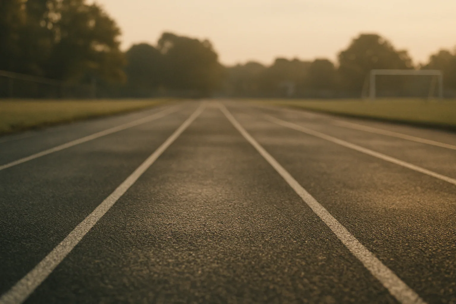 An empty outdoor track is photographed low along the lane lines in early morning, dew visible on the surface.