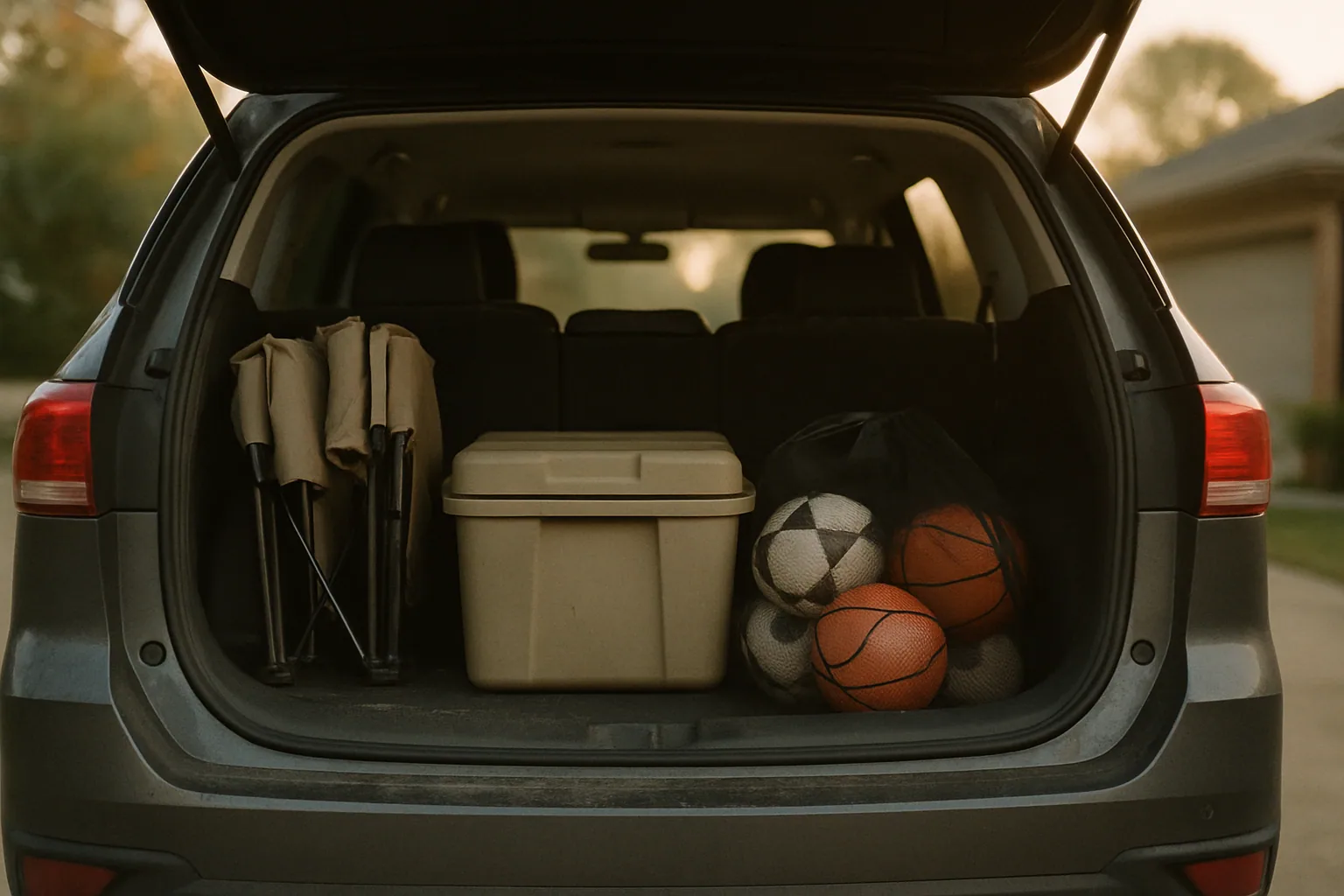 An open car trunk in a driveway holds folding camp chairs, a cooler, and a ball bag in early morning light.