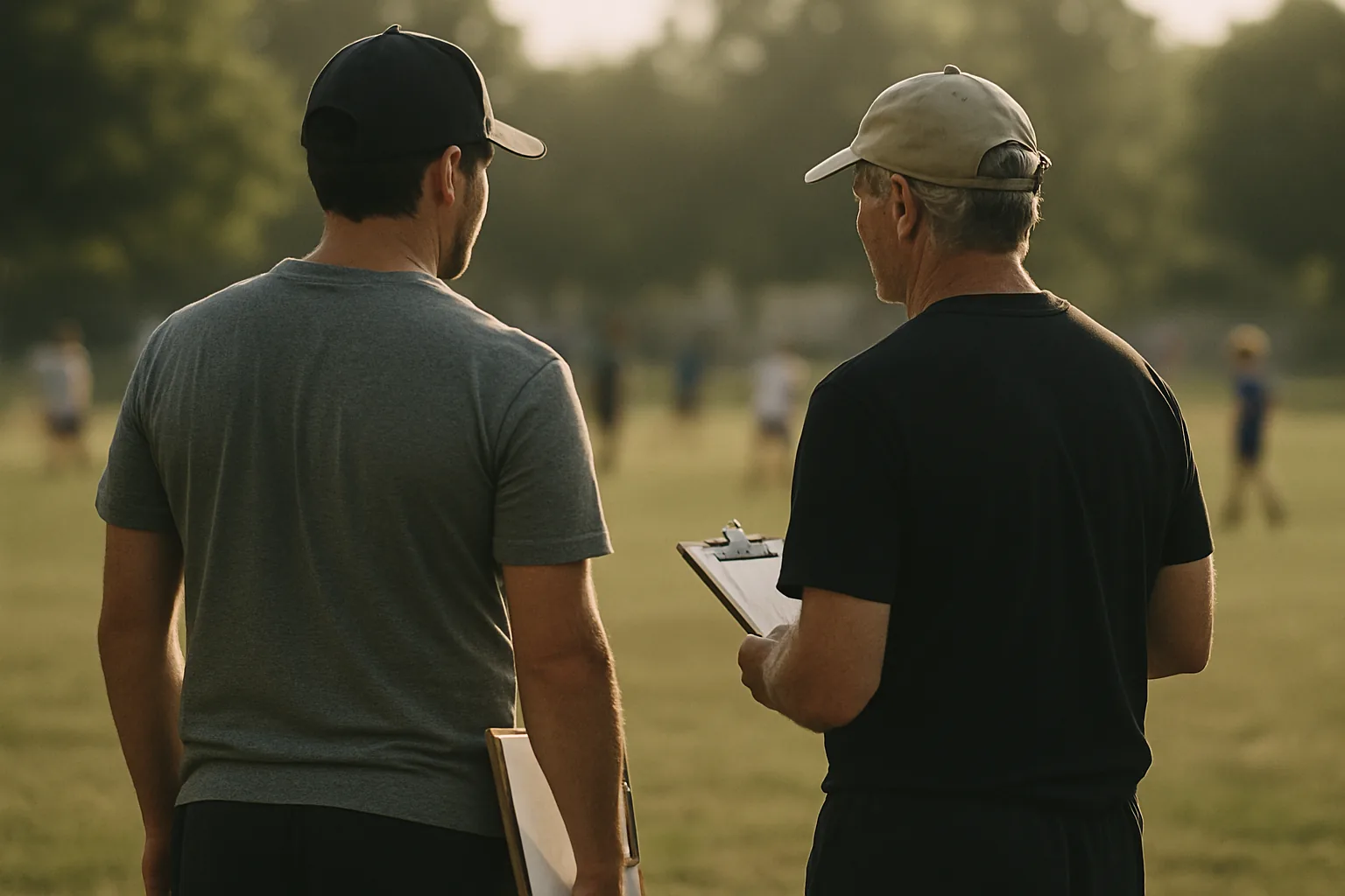 Two adult coaches standing side by side on a sports sideline holding clipboards, facing the field with their backs to the camera.