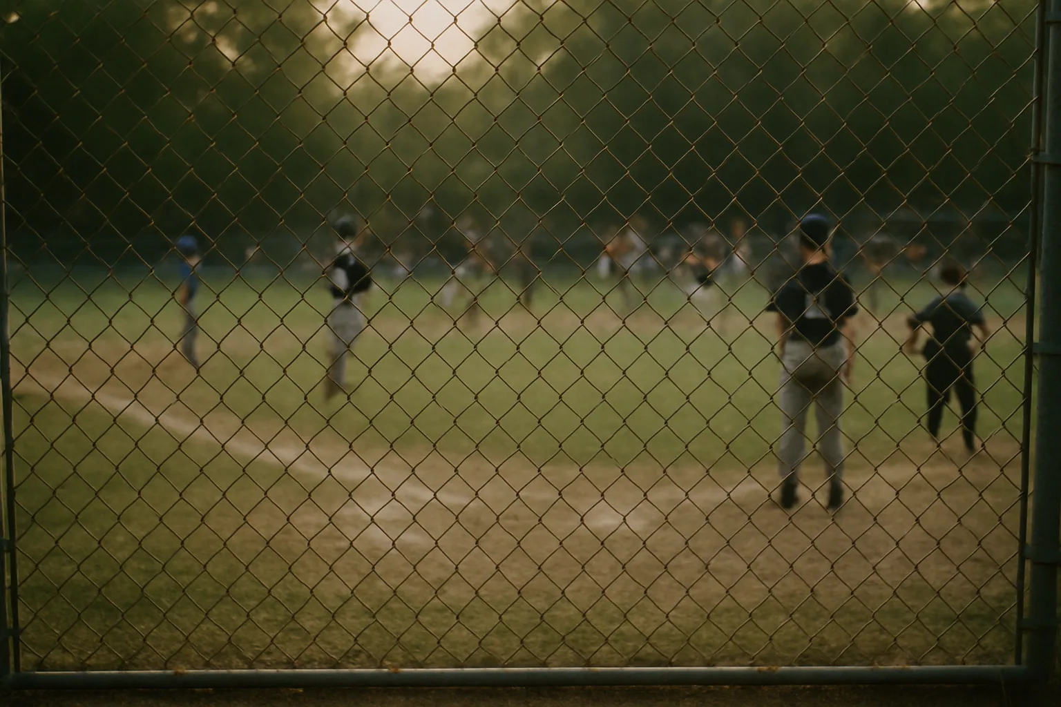 Two adjacent playing fields are seen through a chain-link fence, one busy in the distance and one empty in the foreground at late day.