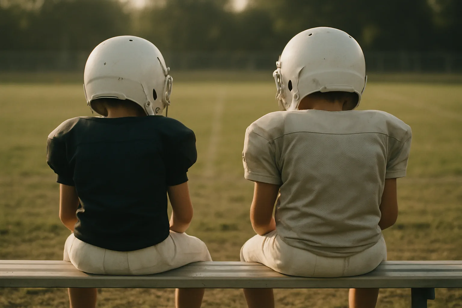 Two youth football players sitting apart on a sideline bench, seen from behind in late afternoon light.