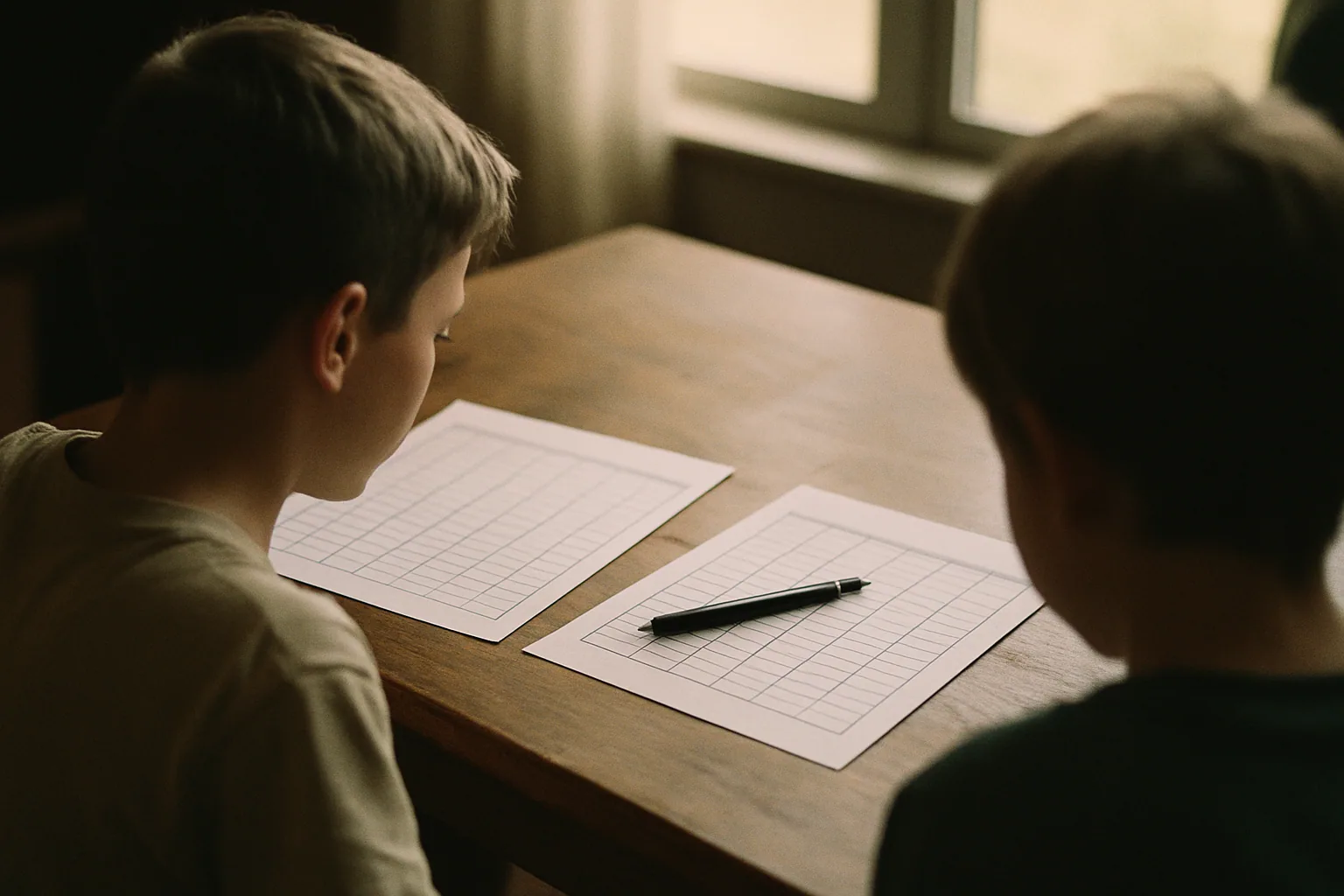 Two printed schedule sheets lie side by side on a wooden table with a pen across one, the grids visible but text unreadable.