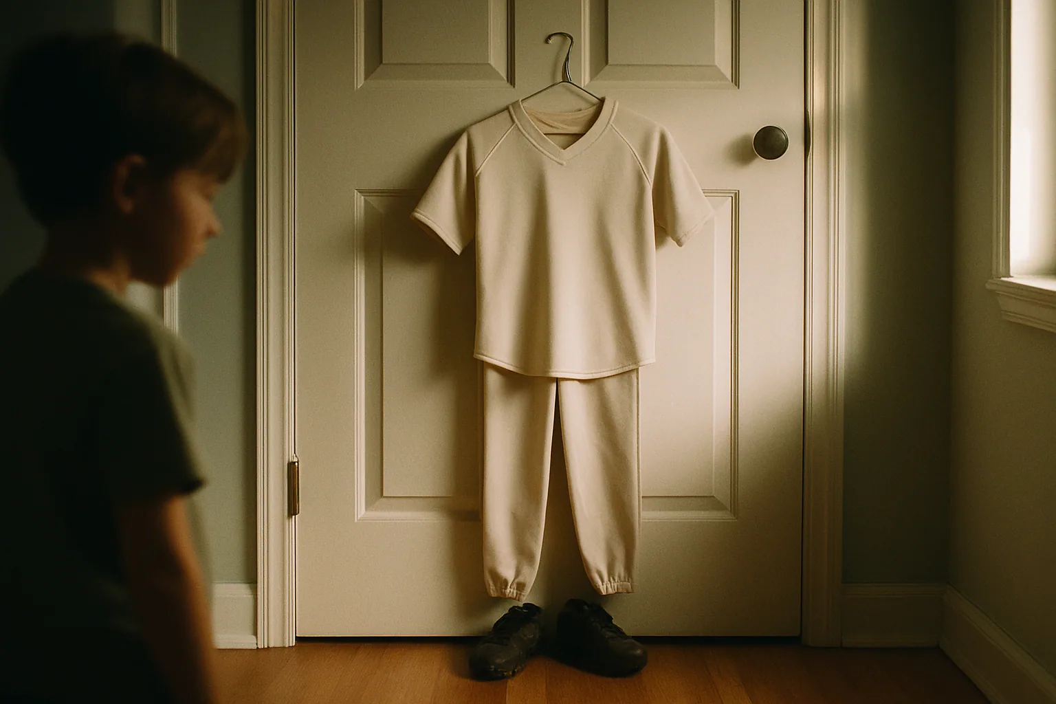 A plain youth uniform hangs on a closet door in early morning light with cleats on the floor beneath it.