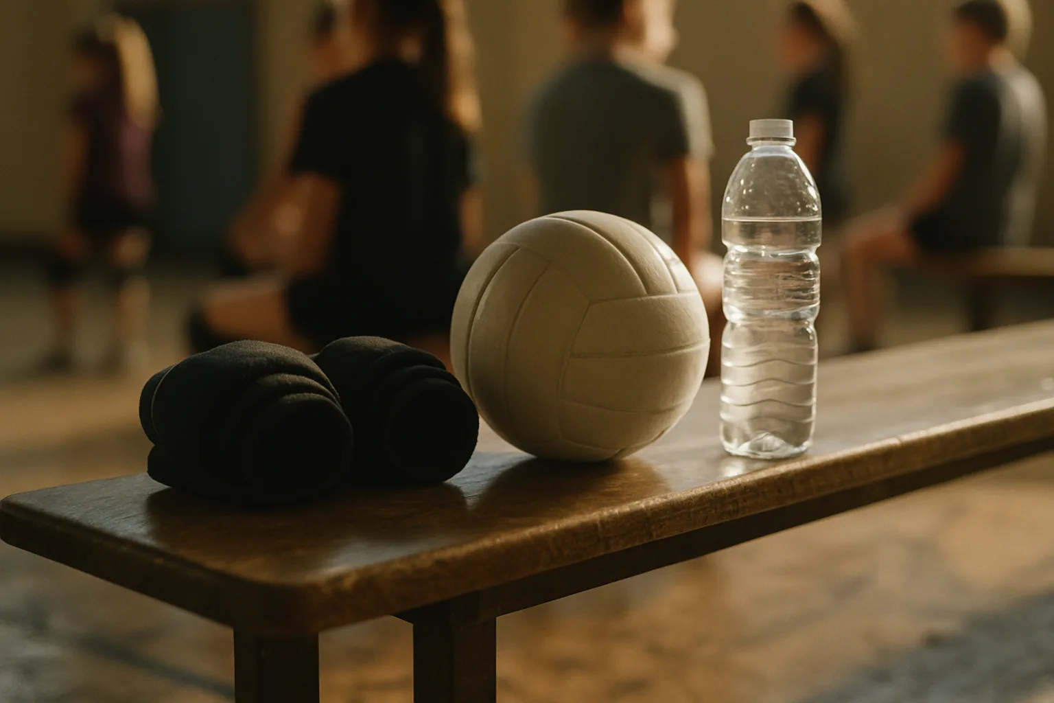 Rolled knee pads, a plain volleyball, and a water bottle sit on a gym bench under side light with a worn floor beneath.