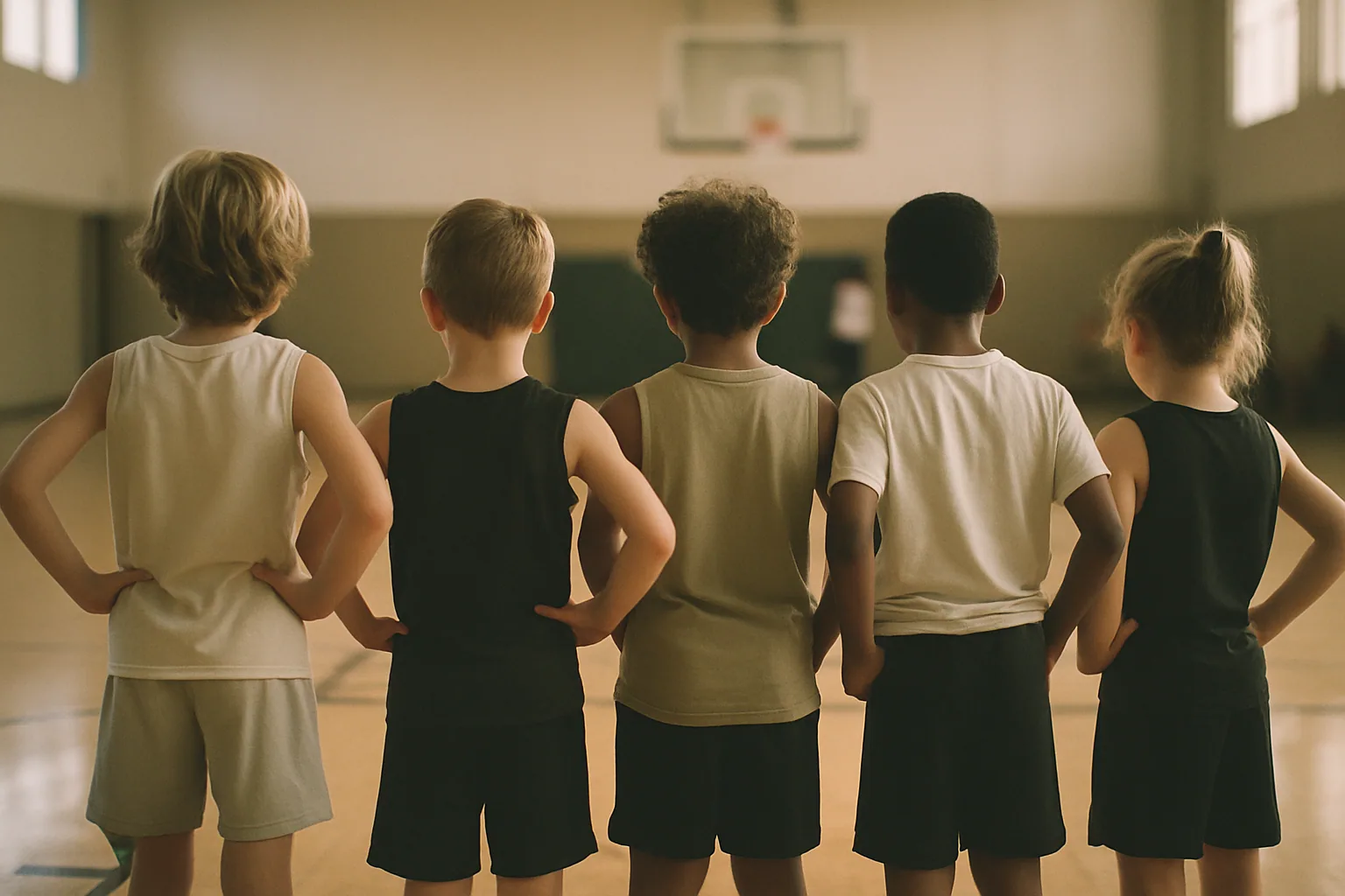 A row of young players stands along a sideline seen from directly behind, hands on hips, all facing the court away from the camera.