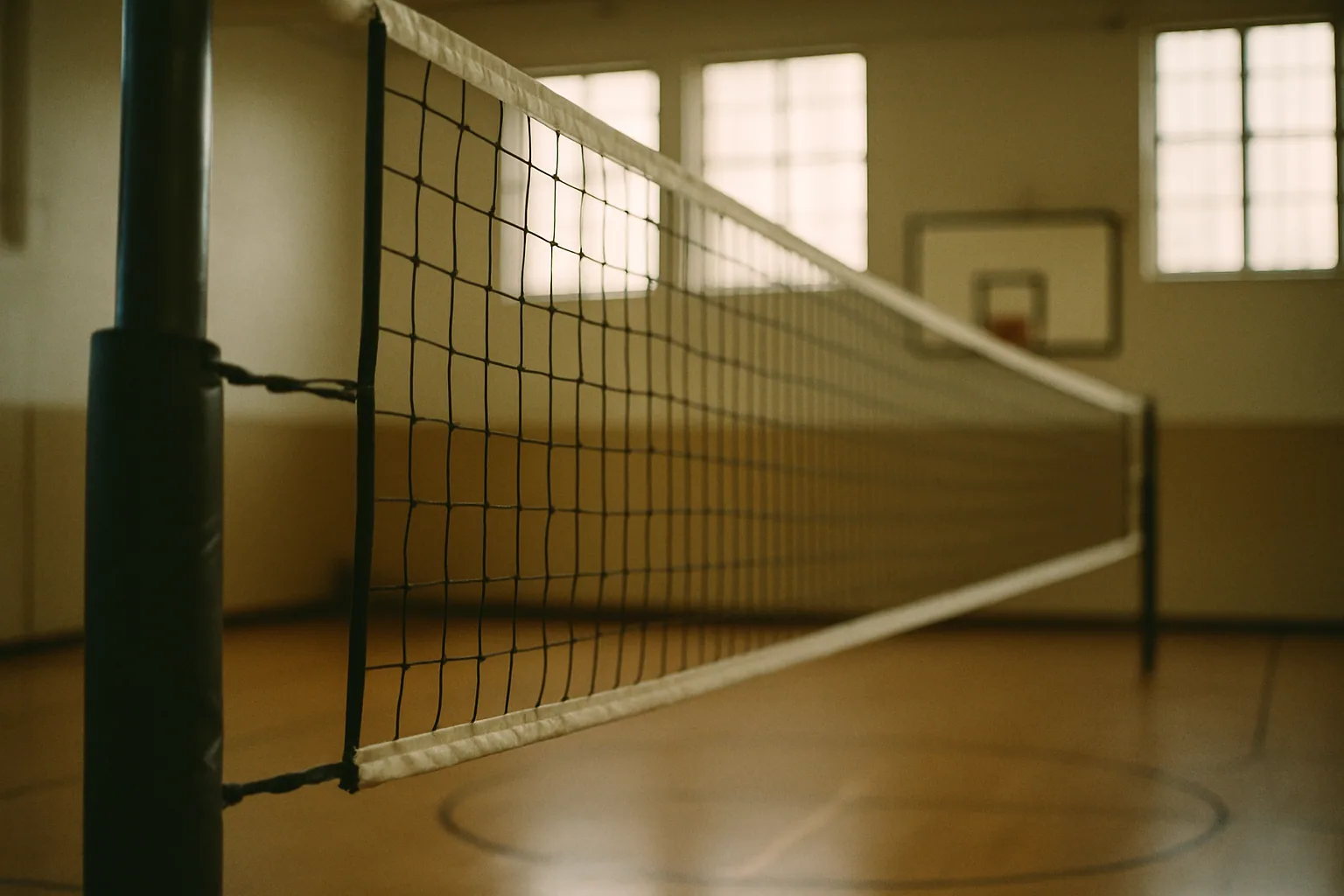 A volleyball net strung across an empty gym.