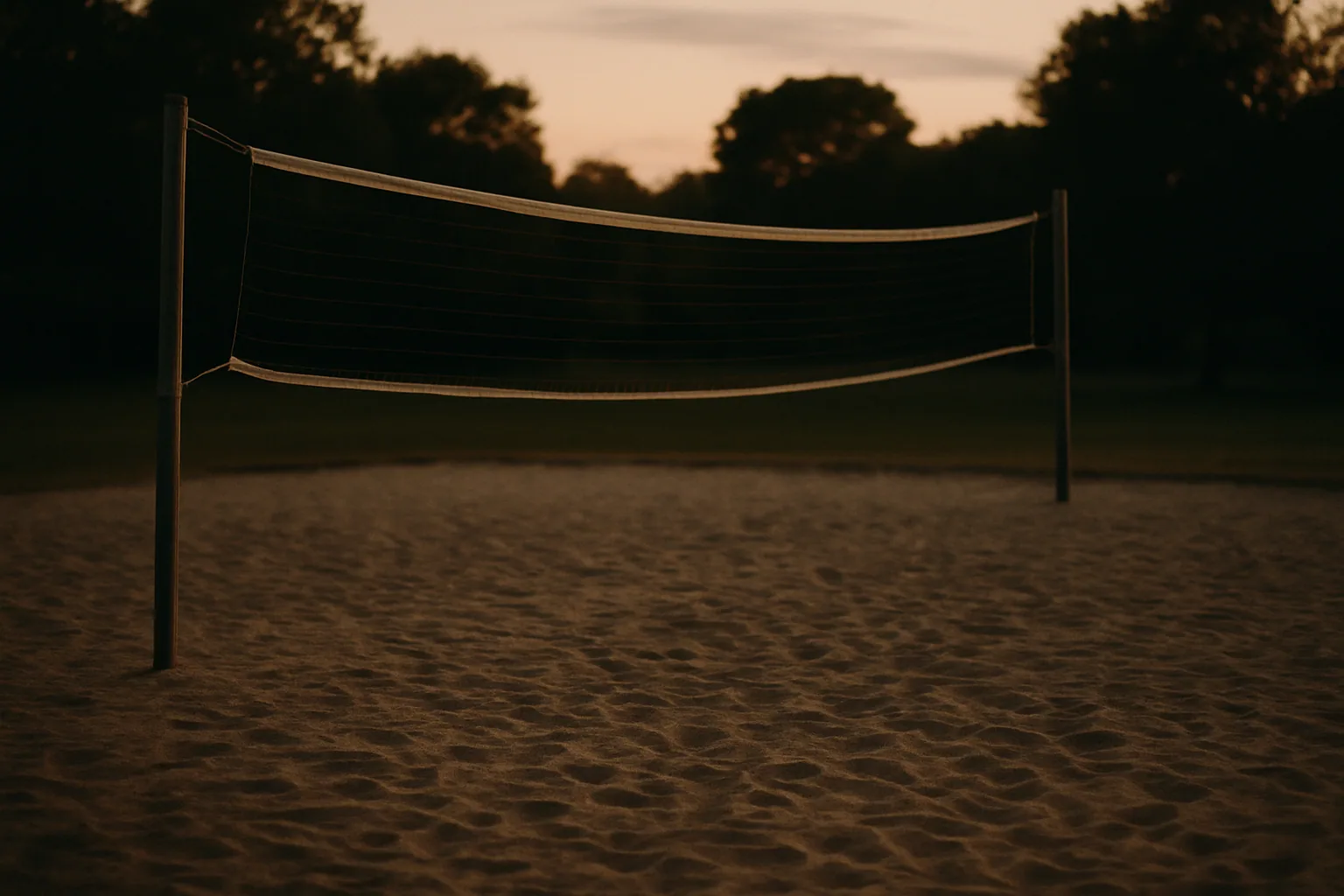 An empty sand volleyball court sits at dusk, the net sagging slightly with footprints crossing the sand in warm low light.