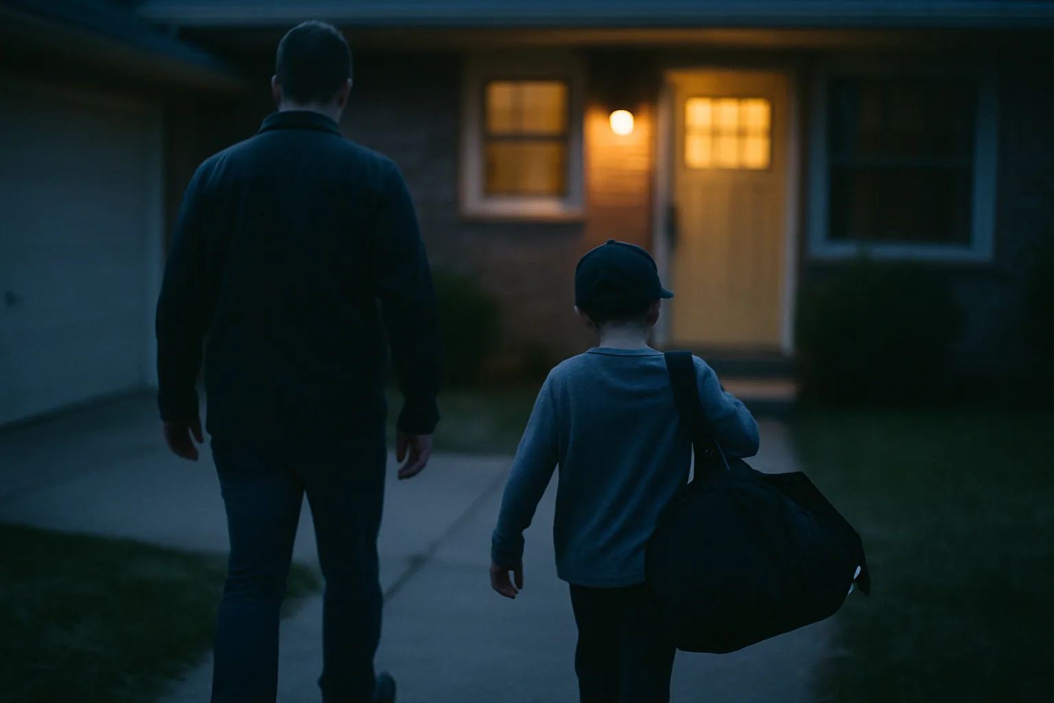 An adult and child walk from a driveway toward a lit front door, both seen from behind at a distance, the child carrying an oversized bag.