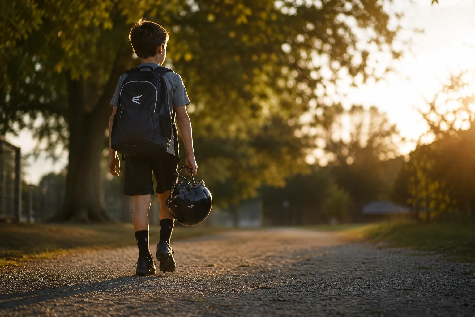 A parent and child walking away from a sports field at sunset, equipment bag over the parent's shoulder, neither one talking.