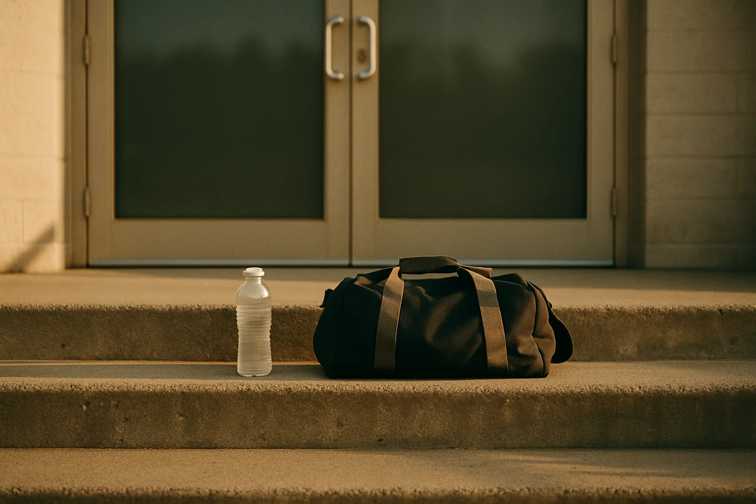 A water bottle and sports bag resting on concrete steps outside closed double doors in early morning light.