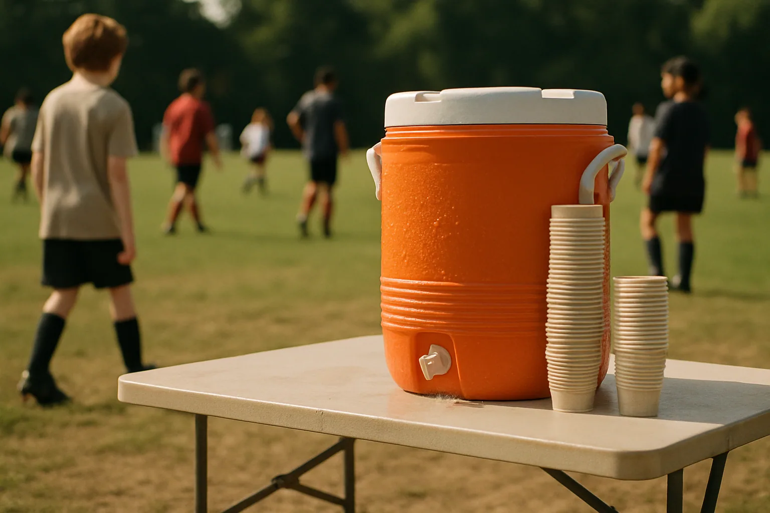 An orange water cooler and a stack of paper cups sit on a folding table at a field's edge, ice melting in midday light.