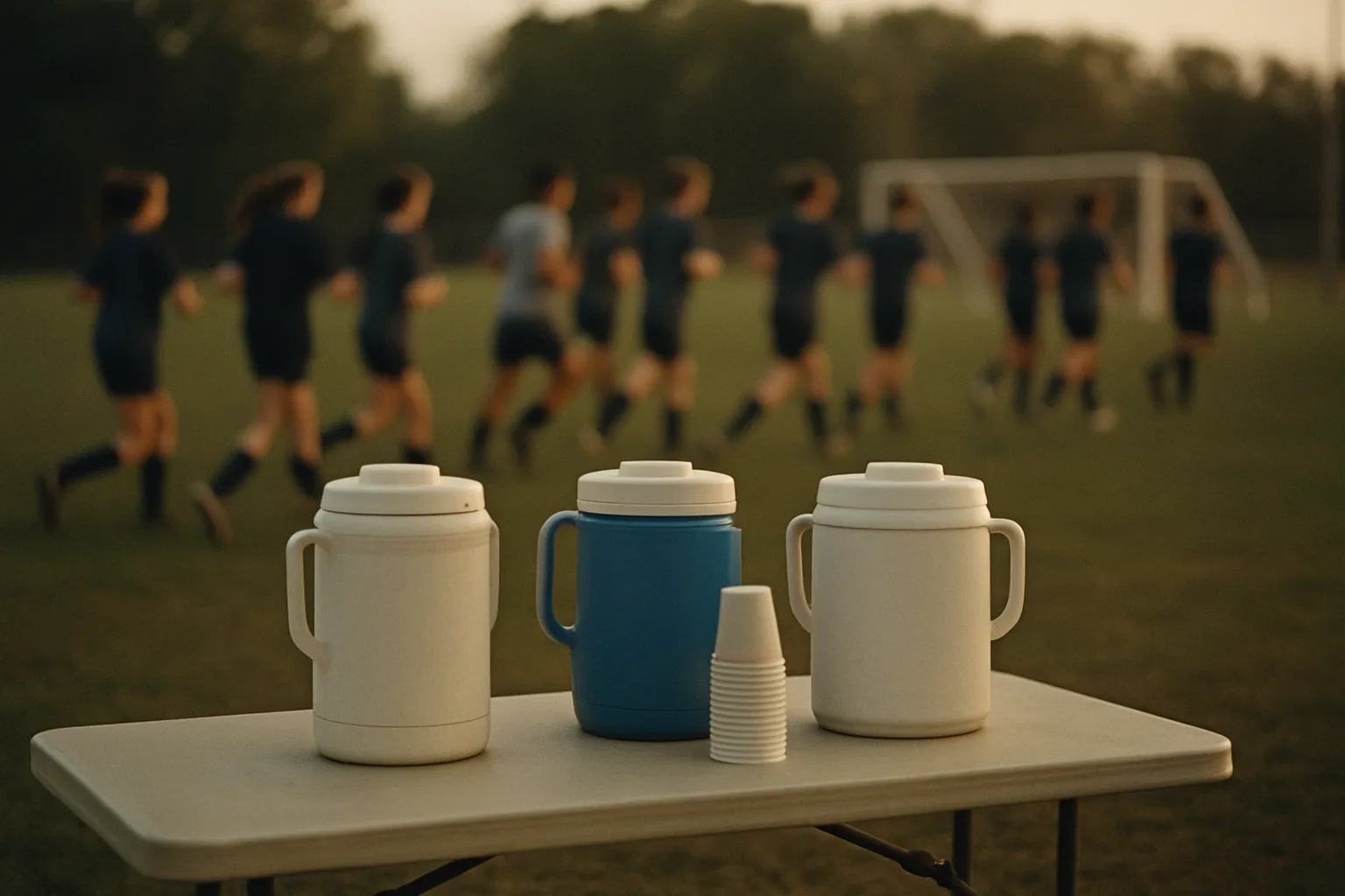 Three water coolers and a stack of paper cups sit on a folding table at a soccer field's edge, with players blurred in motion on the grass behind them.