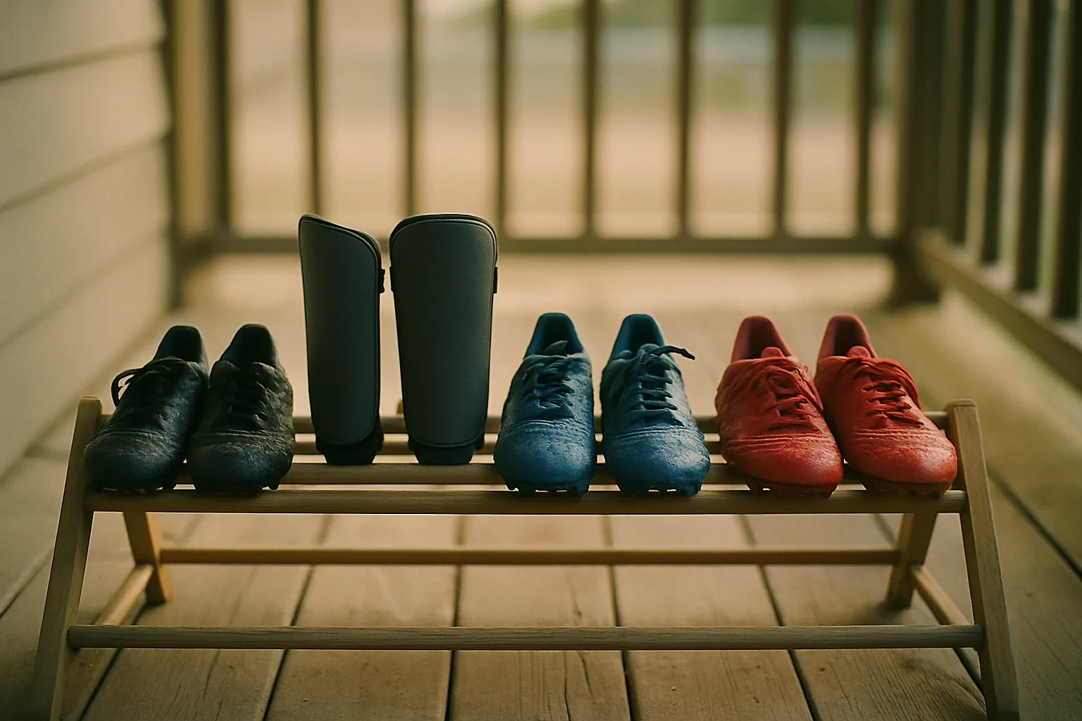 Wet youth soccer cleats and shin guards lined up on a wooden porch rack in late afternoon light.