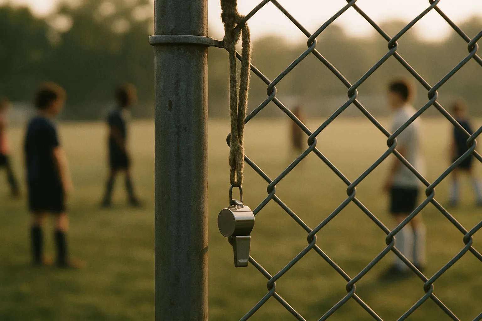 A referee's whistle hangs from a worn lanyard on a chain-link fence post with a soft field visible behind it in morning light.