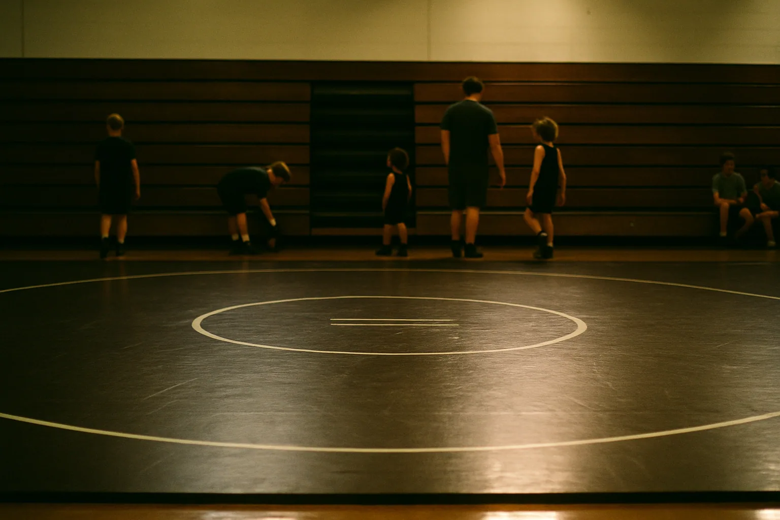 An empty wrestling mat is photographed from the edge under gym lights, its circle markings plain with folded bleachers behind.