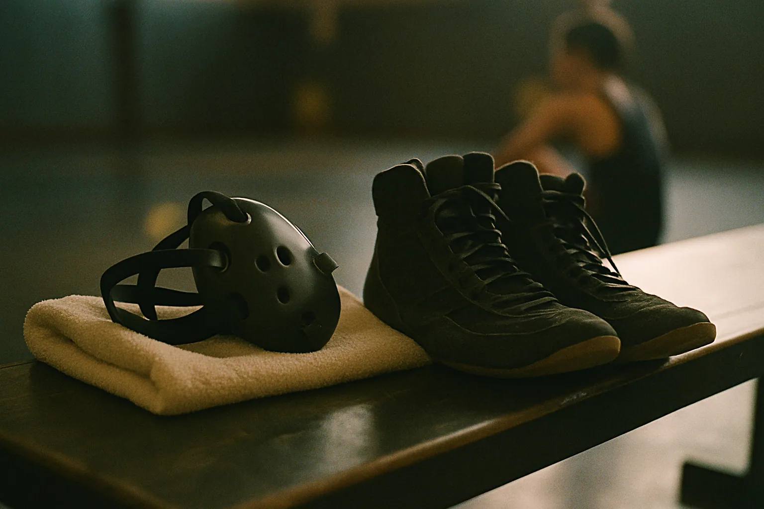 A pair of wrestling shoes and plain headgear sit on a bench beside a towel under dim gym light.